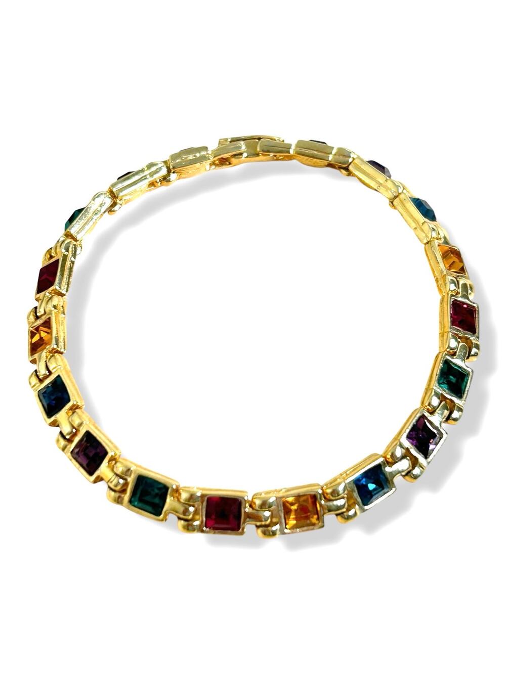 Vintage Gold Tone Multicolor Square Link Tennis Bracelet 7.5 inches